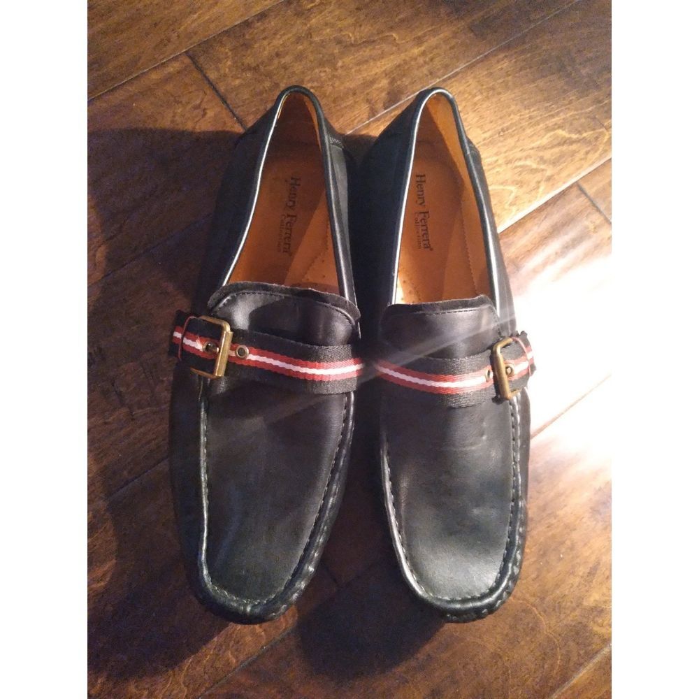 Henri Ferrea Black Leather Loafers Driving Shoes Buckle Accent‎